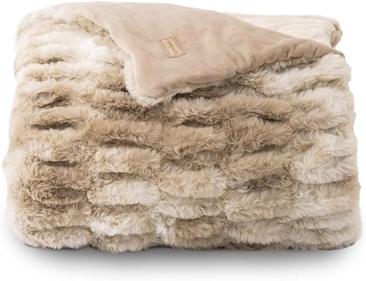 EVERGRACE Luxurious Soft Faux Rabbit Fur Throw Blanket, Cozy Fuzzy Plush Warm Throws for Couch Bed Sofa Chair Home Decor, Ruched Bubble Fluffy Blanket with Reversible Velvet, 60" x 80", Beige