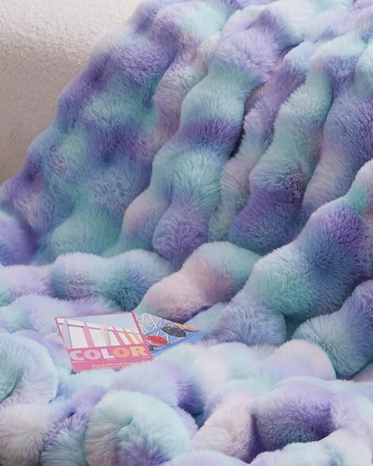 Faux Fur Throw Blanket – Ultra Soft Fuzzy Blanket for Couch or Bed, Bubble Texture, Cozy & Machine Washable, 60 x 80 Inches Decorative Plush Blanket, Oeko-TEX Certified