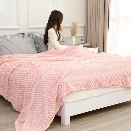 PHF Ultra Soft Flannel Fleece Blanket King Size, Lightweight 3D Jacquard Fleece Blanket, No Shedding, No Pilling, Luxury 340GSM Aesthetic Fluffy Cozy for Bed Room Decor, 108"x90", Pink
