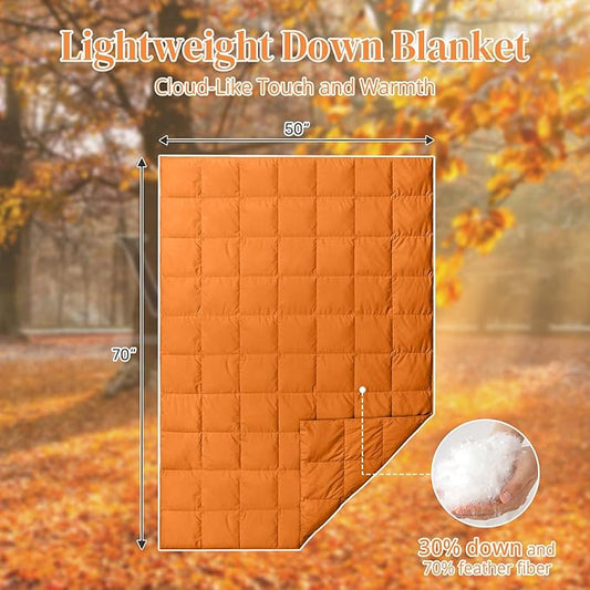 Down Throw Blankets for Couch 50x70” Down Blanket for Indoor and Outdoor use Small Soft Lightweight Throw Blanket Orange