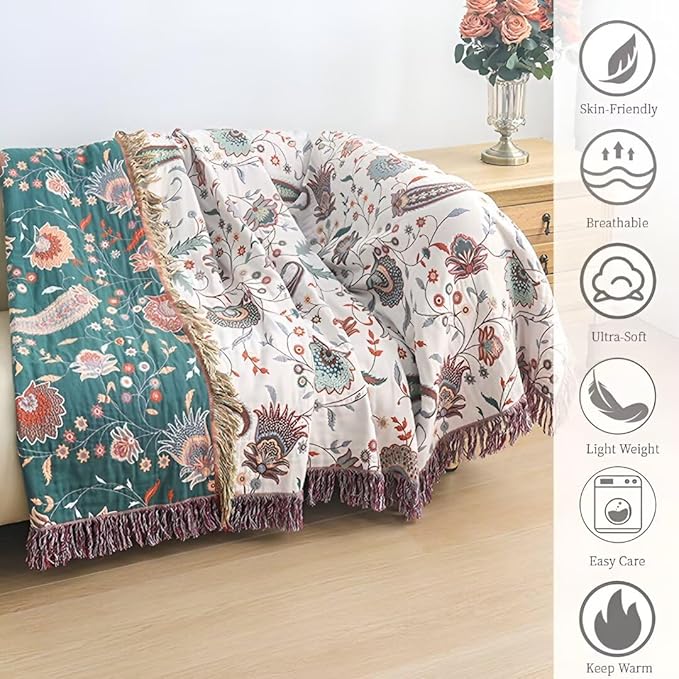 Summer Boho Throw Blanket 60"x80",100% Cozy Cotton Blankets for Travel, Picnic, Reversible Lightweight Knitted Farmhouse Cotton Muslin Blankets for Bedroom,Home Decor