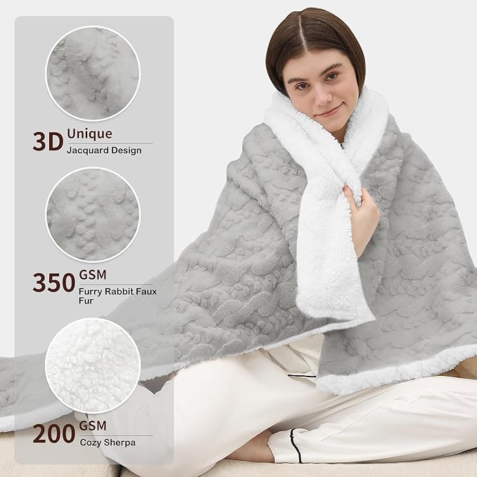 ESTINGO Faux Fur Electric Throw Blanket, Luxury Furry Throw Heated Blanket, 3D Leaf-Patterned Thick Rabbit Fux Fluffy Heating Blanket with 5 Heating Levels & 4 Hours Auto Off, 50" x 60" Light Gray