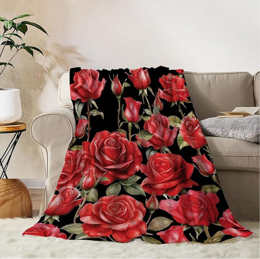 YeeJu Rose Kids Throw Blanket Small Red Floral Blanket for Girls Boys Child Baby Bed Soft Fuzzy Plush Fleece Blankets Black Spring Summer Flower Decorative Print Blanket 40x50