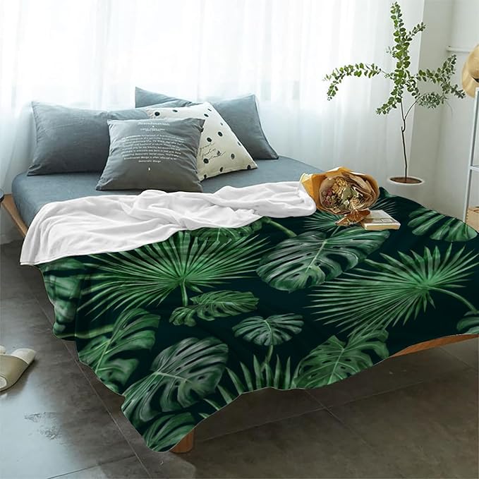YeeJu Tropical Throw Blanket King Size Green Plant Leaf Floral Blanket for Bed Couch Soft Cozy Fuzzy Plush Fleece Blankets Large Oversized Decorative Spring Summer Decor Gift Blanket 90x108