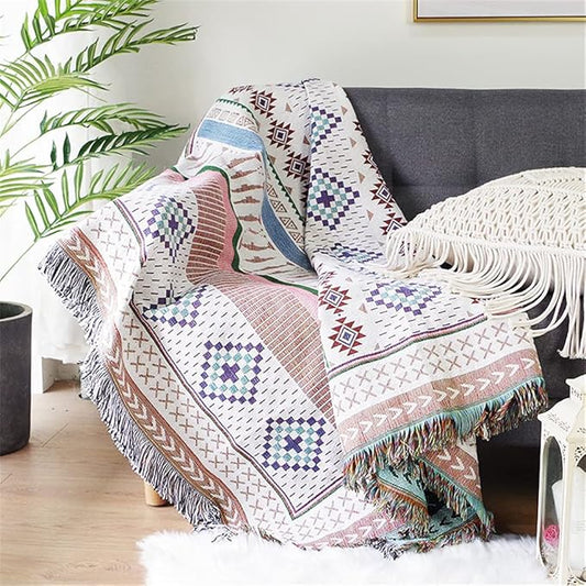 Luxlovery Aztec Sofa Throw Blankets Blue Ethnic Woven Boho Beige and Purple Color Bohemian Woven Throw Blanket for Couch Aztec Bed Throws Oversized Chair Sofa Cover with Tassels(63"x102")