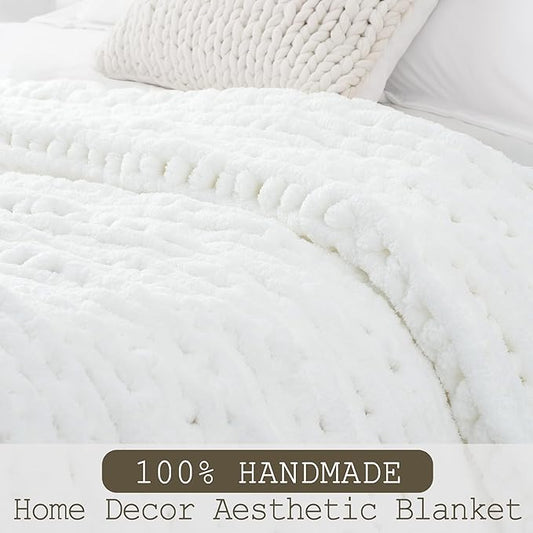 Chunky Knit Throw Blanket 50"X 60", 100% Handmade with Soft Chenille Yarn, 4.4lbs Thick Cable Knitted Blankets, Large Rope Knot Crochet Throws for Couch Sofa Bed Home Decor, Snow White