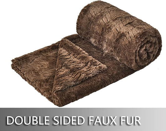 YUSOKI Luxury Faux Fur Throw Blanket(Without Pillows) 2 Layers,3lb,All Ages,Home Decoration, (Brown,50" x 63")