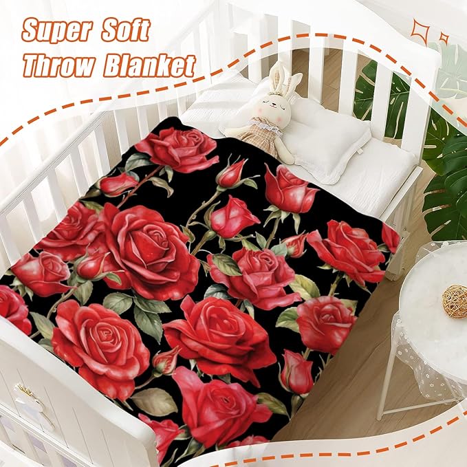 YeeJu Rose Kids Throw Blanket Small Red Floral Blanket for Girls Boys Child Baby Bed Soft Fuzzy Plush Fleece Blankets Black Spring Summer Flower Decorative Print Blanket 40x50