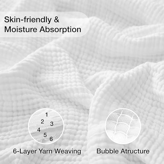 100% Cotton Muslin Blanket King 108" x 90", 6 Layers Breathable and Lightweight Cotton Throw Blanket for Bed, Soft Quilt Bedspread Coverlet, Gauze Blanket for Adults All Season, White