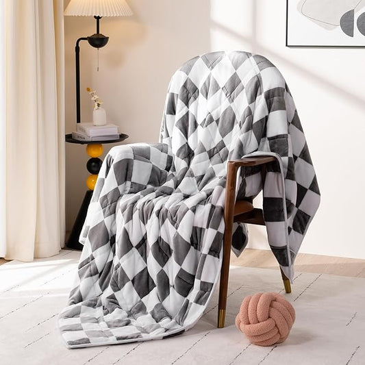 Wemore Flannel Fleece Weighted Blanket for Adult Twin Size 12 lbs, Dual Sided Luxurious Checkerboard Grid Heavy Blankets, Ultra Soft Throw Blanket, Plaid Grey, 48 x 72 inches
