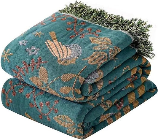 Floral and Bird Boho Throw Blanket for Bed,100% Cotton Reversible Rustic Quilt 60"x80",Soft Cozy Farmhouse Muslin Decorative Fall Throw Blankets for All Season, for Sofa, Couch Chair，Travel