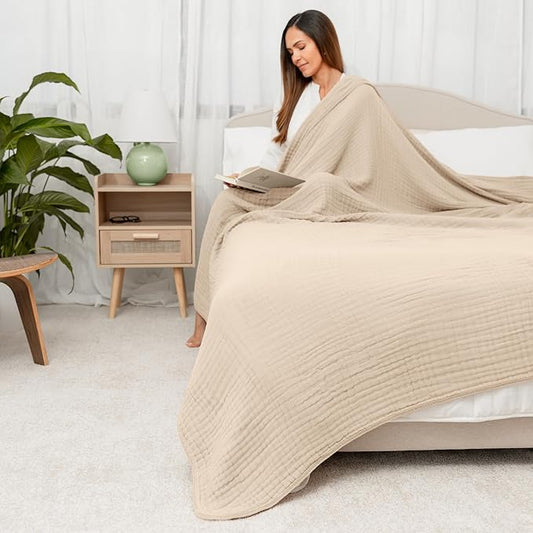 Comfy Cubs Muslin Blanket for Adults Queen 90" x 90" - 6 Layer Soft, Breathable & Lightweight Muslin Adult Blanket - Machine Washable & Designed in The US Bedding for All Seasons - Sand