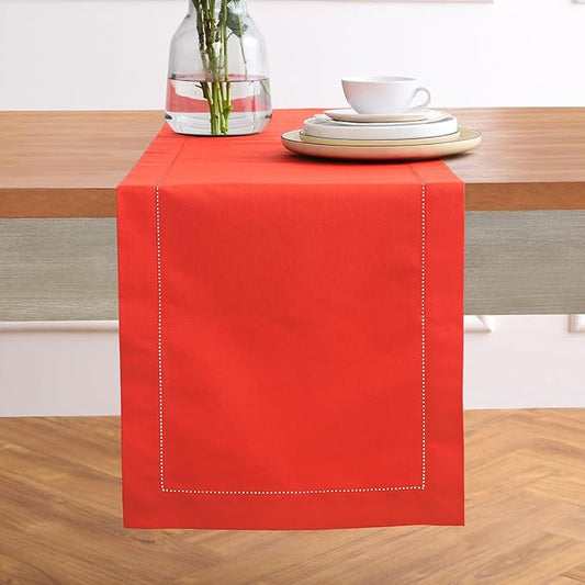 Solino Home Table Runner 90 Inches Long - Cotton Linen Hemstitch Poppy Red Table Runner 14 x 90 Inch for Summer, Halloween