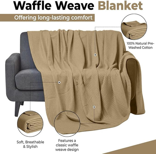 100% Cotton Blankets Throw Size for Bed - Waffle Weave Blankets for Summer, Lightweight and Breathable Soft Woven Blanket for Spring (Beige, Throw (50" x 60")