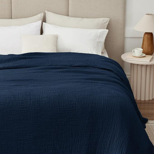 100% Cotton Muslin Blankets Twin XL 66" x 90", 6 Layers Breathable and Lightweight Twin Blanket for Bed, Soft Boho Coverlet Bedspread, Gauze Bedding for All Season, Navy