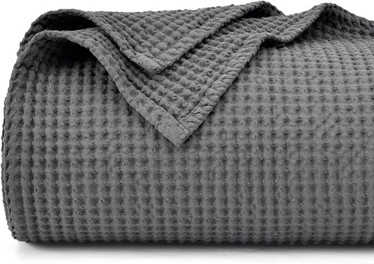 PHF Pre-Washed Cotton Waffle Weave Blanket Queen Size for Bed,Snag Proof Throw Blanket for Couch Spring Summer Lightweight Breathable,Oeko-TEX Certified,Machine Washable, Home Decor Gift，Charcoal