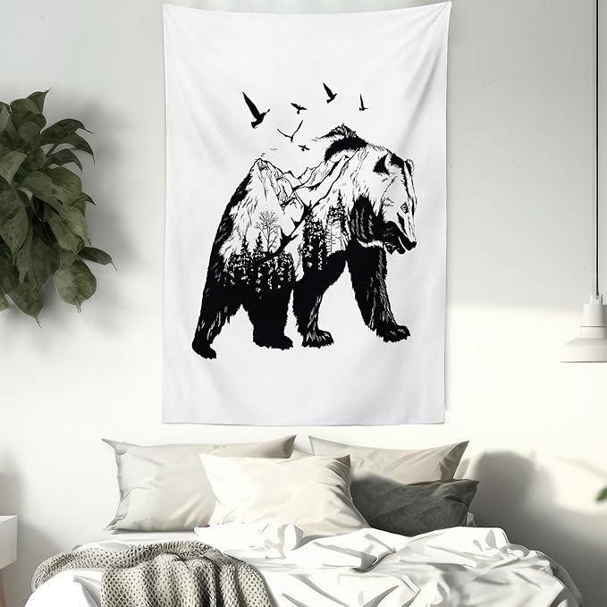 Ambesonne Bear Tapestry, Mammal Silhouette Mountain Landscape Flying Birds and Forest Wildlife Design, Fabric Wall Hanging Decor for Bedroom Living Room Dorm, 23" X 28", White Charcoal
