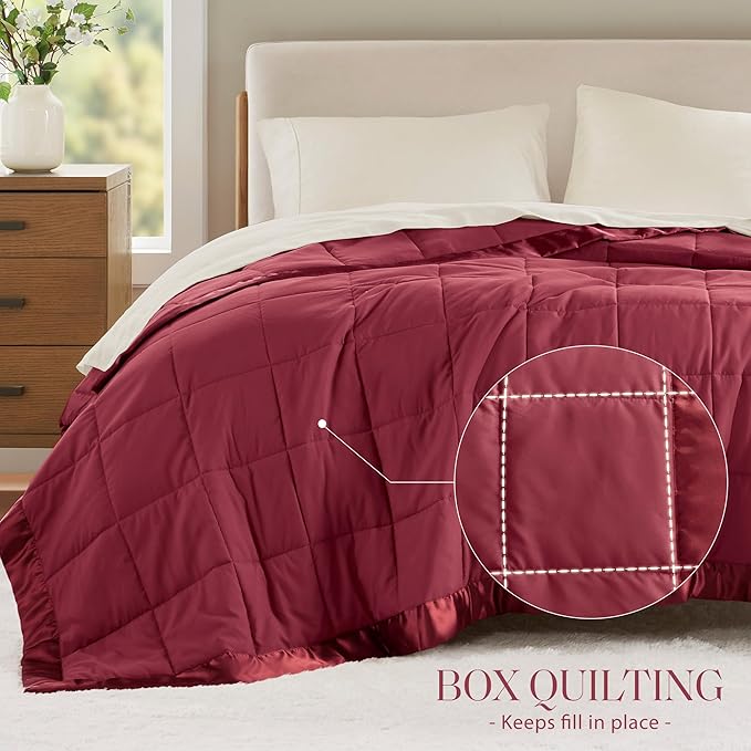 Madison Park Windom Down Alternative Blanket, Premium 3M Scotchgard Moisture Wicking Treatment, Lightweight and Soft Bed Cover For All Season, Twin, Satin Trim, Burgundy