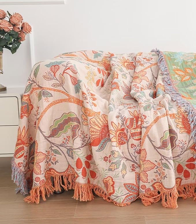 Fall Boho Throw Blankets for Bed Couch, 100% Soft Cozy Cotton Blanket Rustic Quilt 60"x80",Lightweight Reversible Muslin Farmhouse Decor Blankets for Armchair,Picnic,Sofa,Couch