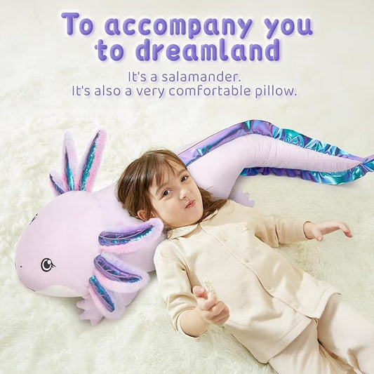 Muiteiur 43.4 Inch Axolotl Stuffed Animal, Soft Salamander Plush Pillow, Cute Axolotl Plush for Kids,Gift for Decor Birthday, Purple