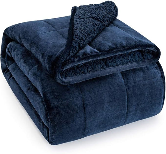 Wemore Sherpa Fleece Weighted Blanket for Adult, 15 lbs Dual Sided Cozy Fluffy Heavy Blanket, Ultra Fuzzy Throw Blanket with Soft Plush Flannel Top, 48 x 72 inches, Navy Blue on Both Sides