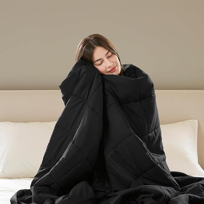 Madison Park Ultra-Soft Microfiber Blanket, Box Quilting with Satin Binding, All Season & Lightweight Summer Blanket for Bed, Couch & Sofa, Full/Queen, Black