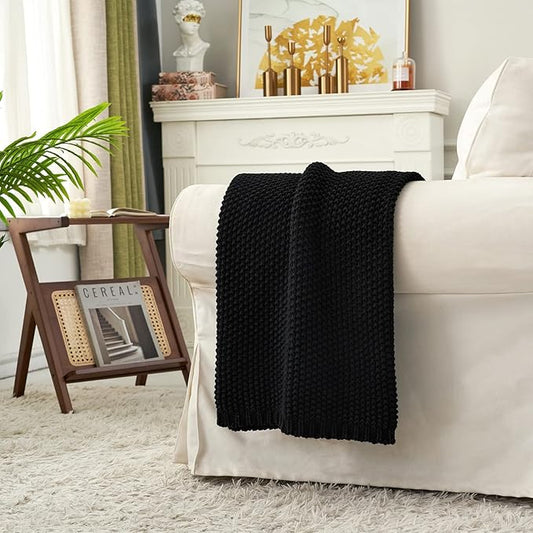 Longhui bedding Chunky Cable Knit Throw Blanket Lightweight Black 100% Organic Cotton Blanket for Sofa Couch Bed Baby Nursery, Rustic Shabby Chic Modern Farmhouse, 60” x 80” Give Laundering Bag