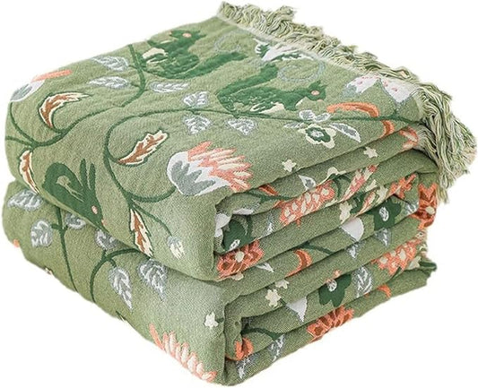 Green Boho Throw Blankets for Bed Couch, 100% Organic Cotton Breathable Woven Throw Blankets 80"x90", Versatile Boho Quilt for Travel Picnic,Home Decor Lightweight Farmhouse Muslin Blankets