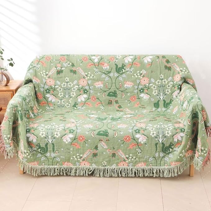 Green Boho Throw Blankets for Bed Couch, 100% Organic Cotton Breathable Woven Throw Blankets 80"x90", Versatile Boho Quilt for Travel Picnic,Home Decor Lightweight Farmhouse Muslin Blankets