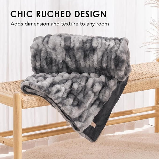 EVERGRACE Luxurious Soft Faux Rabbit Fur Throw Blanket, Cozy Fuzzy Plush Warm Throws for Couch Bed Sofa Chair Home Decor, Ruched Bubble Fluffy Blanket with Reversible Velvet, 60" x 80", Gray