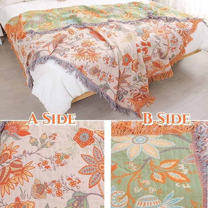 Fall Boho Throw Blankets for Bed Couch, 100% Soft Cozy Cotton Blanket Rustic Quilt 60"x80",Lightweight Reversible Muslin Farmhouse Decor Blankets for Armchair,Picnic,Sofa,Couch