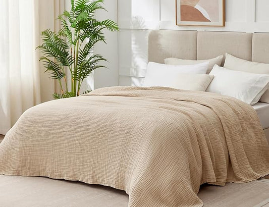 100% Cotton King Size Blankets for Bed 108" x 90", 6 Layers Cooling and Soft Muslin Throw Blanket, Lightweight Quilt Bedspread Coverlet, Gauze Blanket for Adults All Season, Linen Beige