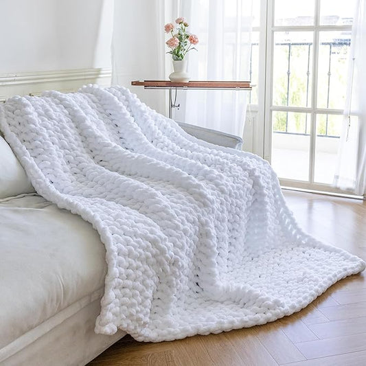 Chunky Knit Blanket - Luxury Soft Cozy Queen Size(50 * 60) Throw Blanket,100% Woven Blanket Rope Knot Throw Blanket for Couch, Sofa, Home Decor, Gift - Machine Washable（White）