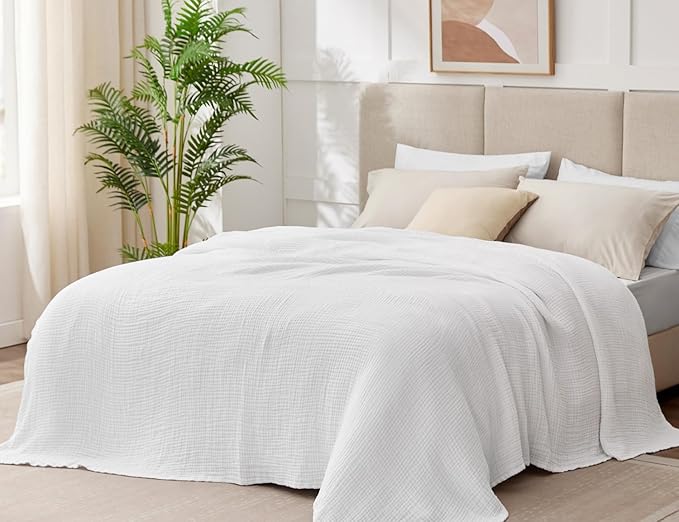 100% Cotton Muslin Blanket Queen 90" x 90", 6 Layers Breathable and Lightweight Cotton Throw Blanket for Bed, Soft Quilt Bedspread Coverlet, Gauze Blanket for Adults All Season, White