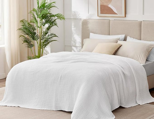 100% Cotton Muslin Blanket Queen 90" x 90", 6 Layers Breathable and Lightweight Cotton Throw Blanket for Bed, Soft Quilt Bedspread Coverlet, Gauze Blanket for Adults All Season, White