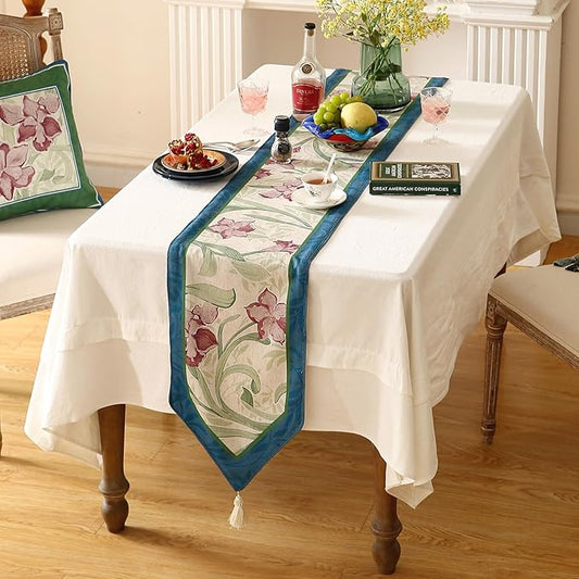 patdrea Designer Elegant Bright Linen Table Runner 87 Inch Long, Mauve Iris Floral Pattern Table Mat, Decoration for Kitchen Dining Table Coffee Table Shelf Cabinet Banquet Christmas ,12"*87"