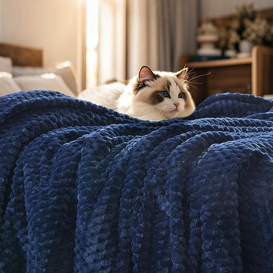 PHF Ultra Soft Flannel Fleece Throw Blanket, Lightweight 3D Jacquard Fleece Blanket, No Shedding, No Pilling, Luxury 340GSM Aesthetic Fluffy Cozy Throws for Couch Room Decor, 50"x60", Navy Blue