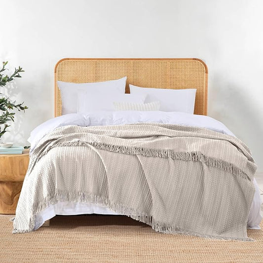 100% Cotton Waffle Queen Blanket with Fringe 90"x90", Pre-Washed Waffle Weave Blanket for All Season, Lightweight Breathable Soft Cozy Throw Blanket for Couch, Bed, Travel (Beige)
