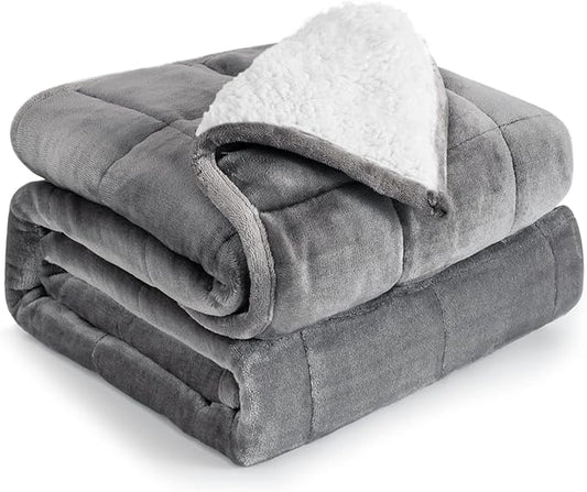 Cottonblue Sherpa Fleece Weighted Blanket 12lbs, Flannel Cozy Plush Bed Throw, Fuzzy Sherpa Flannel Bedding Blankets Throw, Minky Soft Blankets for Sofa Bed, 48 x 72 inches, White Grey