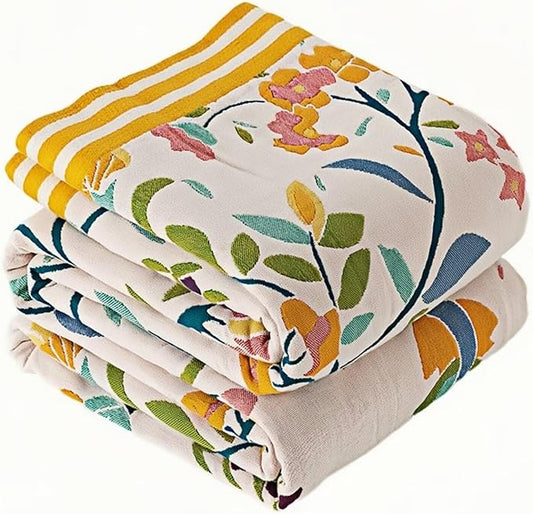 Fall Boho Throw Blanket for Couch, 100% Cotton Reversible Throw Blankets, Lightweight King Size Fall Quilts, Rustic Cotton Blankets for Couch, Sofa, King Size,90"x98"
