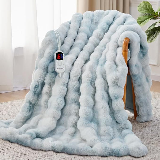 Heated Blanket Throw with 1/2/4/6/8 Hours Auto-Off 10 Heat Level, 72'' * 84'' Cozy Faux Rabbit Fur Bubble Electric Blanket with Overheat Protection(Blue)