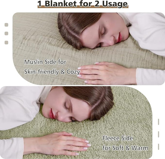 EMME Muslin Cotton Fleece Throw Blanket Reversible - 50"*60" Sage Green Soft Warm Throw Blankets for Couch Bed Picnic Travel Bed