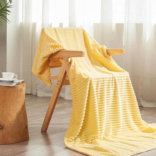 Vessia Flannel Throw Blanket with Pillow Cover for Couch,Sofa,Bed, 300GSM Striped Light Yellow Blanket for Adults, Super Soft Warm Cozy Ribbed Pale Yellow Throw for All-Season(50x71 inch)