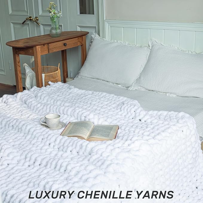 Chunky Knit Blanket - Luxury Soft Cozy Queen Size(50 * 60) Throw Blanket,100% Woven Blanket Rope Knot Throw Blanket for Couch, Sofa, Home Decor, Gift - Machine Washable（White）