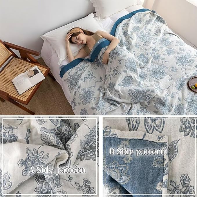 Muslin Throw Blankets for Bed,100% Cotton Softy Cozy Boho Quilt Throw for Bed,Living, Reversible Lightweight Fall Throw Blankets for Bedroom,Sofa, Couch,Chair 60"x80"