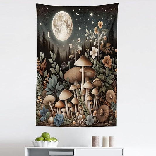 Ambesonne Aesthetic Tapestry, Night Forest Scene with Boho Nature Mushroom Leaves Stars and Full Moon, Fabric Wall Hanging Decor for Bedroom Living Room Dorm, 30" X 45", Sepia and Grey Teal