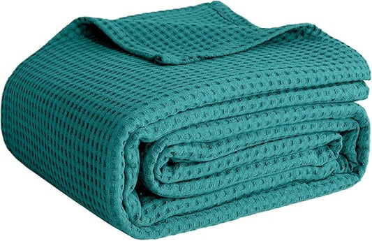100% Cotton Blankets for Throw Size Bed - Waffle Weave Blankets for Summer, Lightweight and Breathable Soft Woven Blanket for Spring (Teal, Throw (50" x 60")