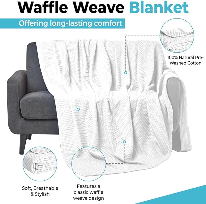 100% Cotton Blankets Throw Size for Bed - Waffle Weave Blankets for Summer, Lightweight and Breathable Soft Woven Blanket for Spring (White, Throw (50" x 60")