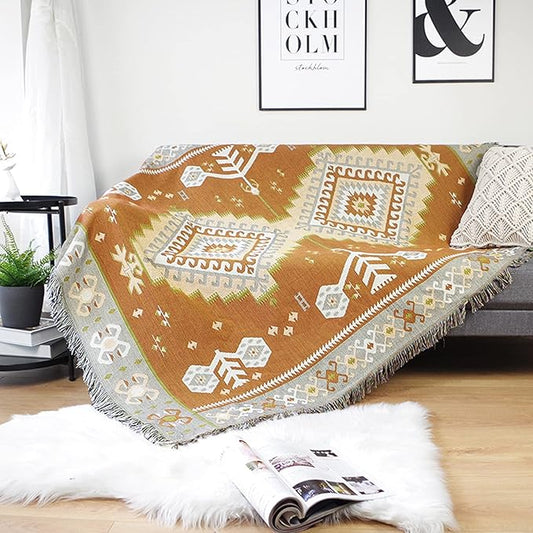 Luxlovery Bohemian Sofa Throw Blankets Dusty Yellow and Grey Woven Boho Hippie Tribal Boho Aztec Throw Blanket for Couch Bed Throws Oversized Chair Sofa Cover with Tassels(63"x102")