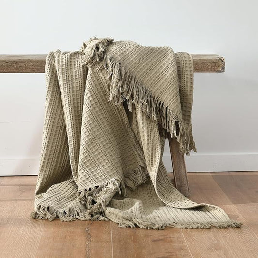 100% Cotton Waffle Blanket with Fringe, Pre-Washed Waffle Weave Blanket for All Season, Lightweight Breathable Soft Cozy Throw Blanket for Couch, Bed, Travel (Sage Green - 50x60 Inches)